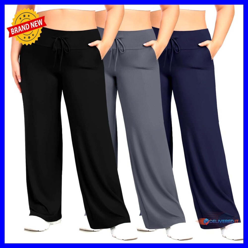 Plus Size Wide Leg Lounge Pants 3 Pack High Waist Palazzo Yoga Pajamas